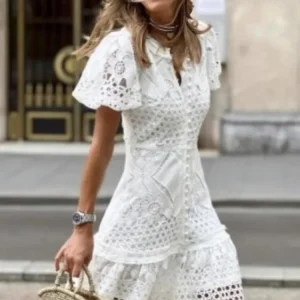 Femme Fashion White Lace Dress Sexy Hollow Out Bodycon Short Dress Flare Sleeve A-line Summer Vestidos Elegant Button Down Dress