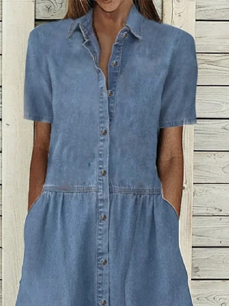Summer Short Sleeve Shirt Dress Women Button Patchwork Blue Denim Loose Midi Dress Pockets Casual Pocket Long Dresses 2024 - Image 2