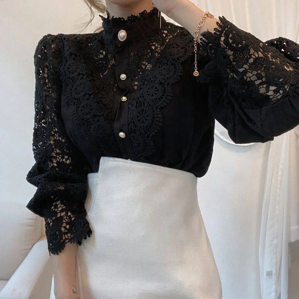 Autumn Elegant Lace Office Shirt Women's Blouse Long Sleeve Button Up Blouses Tops 2023 Spring Fashion Casual Ladies Shirts Top - Image 3
