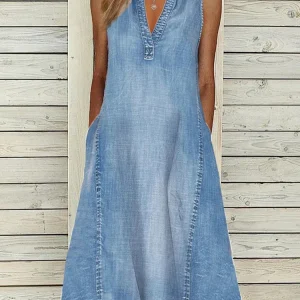Summer Sleeveless A-line Dress Women Sexy V-neck Blue Denim Loose Midi Dress Pockets Casual Beach Long Dresses 2025