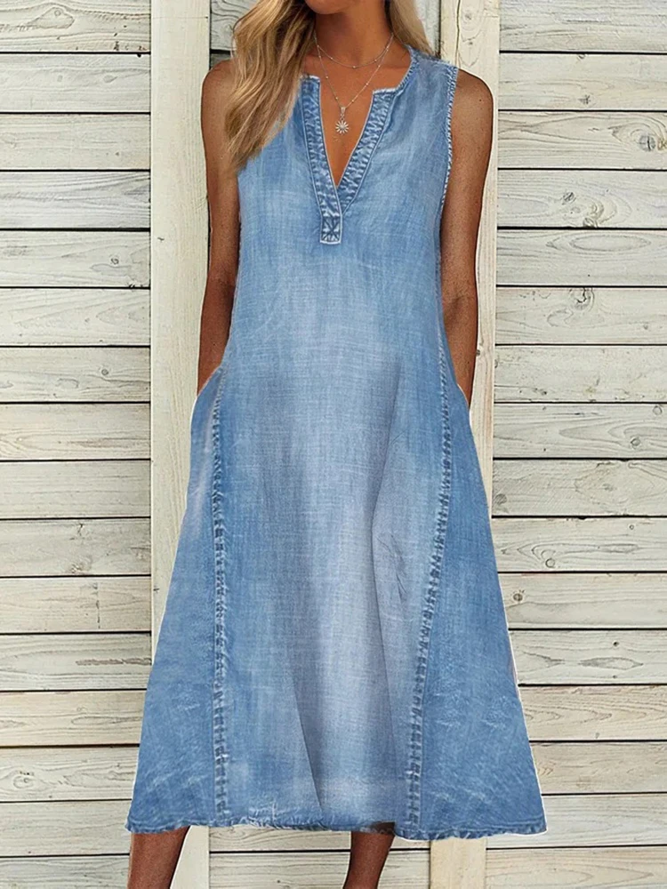 Summer Sleeveless A-line Dress Women Sexy V-neck Blue Denim Loose Midi Dress Pockets Casual Beach Long Dresses 2025