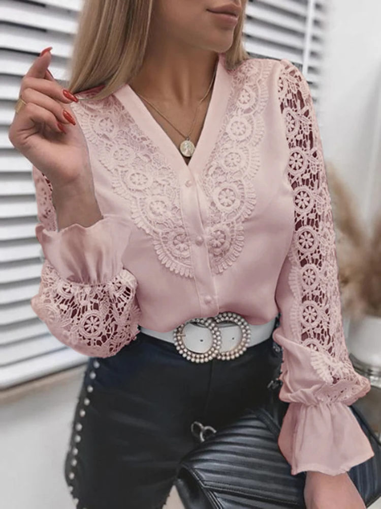 Elegant Women's Blouse Vintage Lace Spliced Long Sleeve Pink Button Up Woman Shirt Tops 2024 Fashion Casual Ladies Blouses Top - Image 4