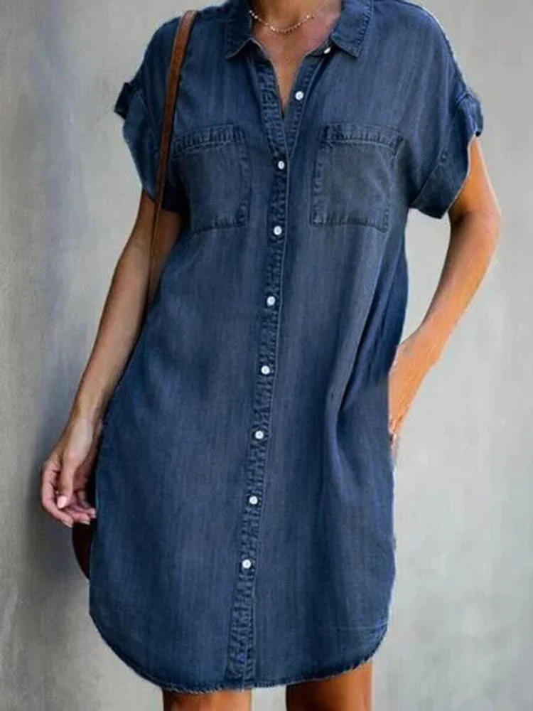Casual Women's Denim Shirt Dress Short Sleeve Button Pockets Distressed Jean Dress 2023 Spring Summer Loose Dresses Female 5XL - Image 2