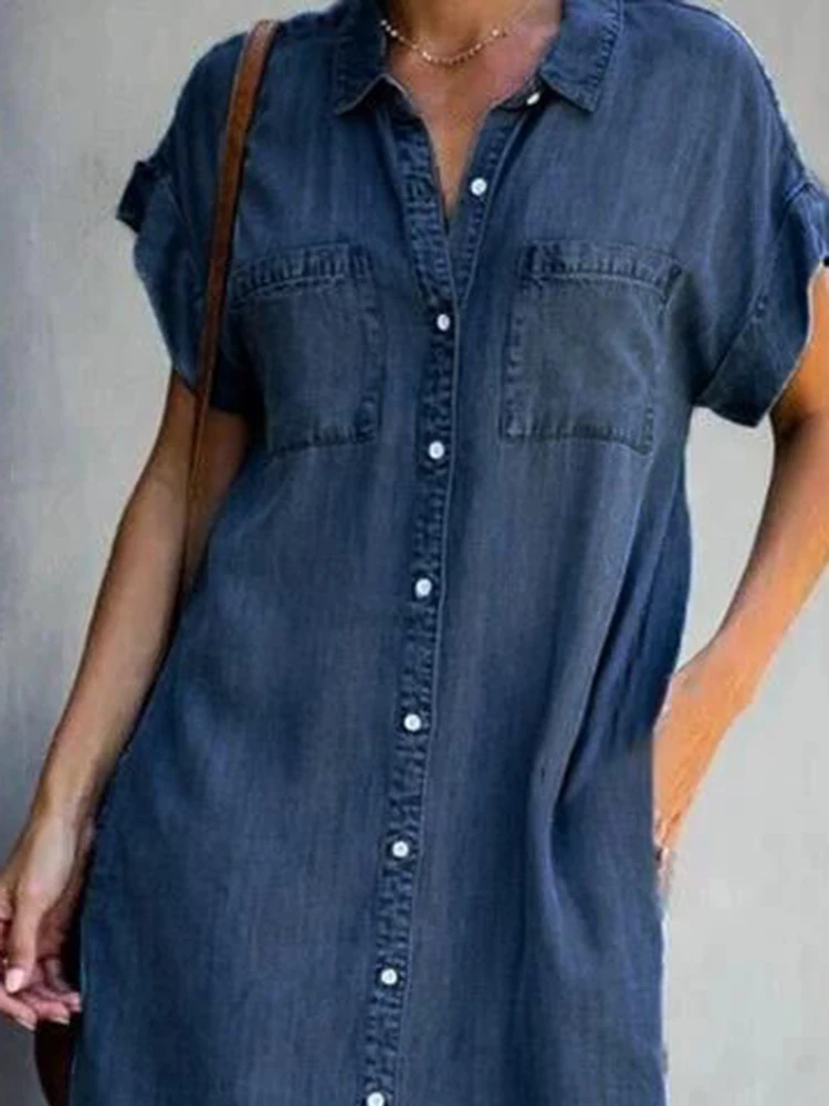 Casual Women's Denim Shirt Dress Short Sleeve Button Pockets Distressed Jean Dress 2023 Spring Summer Loose Dresses Female 5XL - Image 4