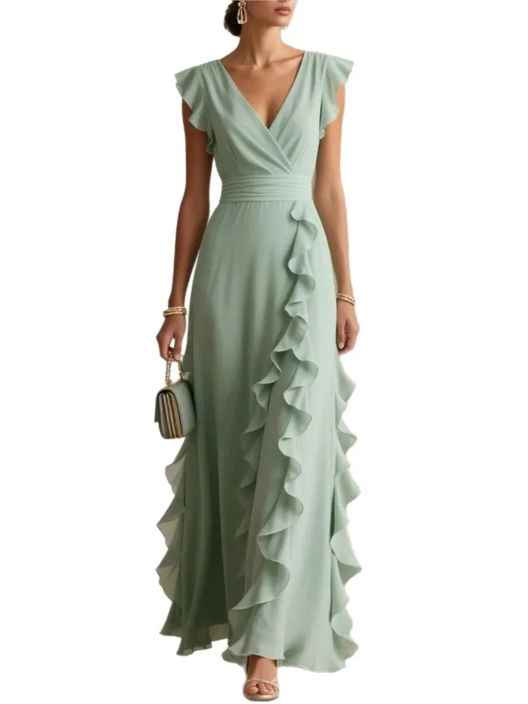 Party Prom Dress For Female Summer Fashion V-neck Elegance Pleated Splicing High Waist Dresses Lady Foreign Style Green Vestidos - Image 2