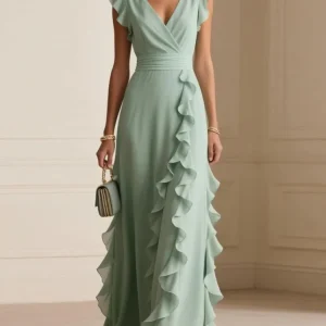 Party Prom Dress For Female Summer Fashion V-neck Elegance Pleated Splicing High Waist Dresses Lady Foreign Style Green Vestidos