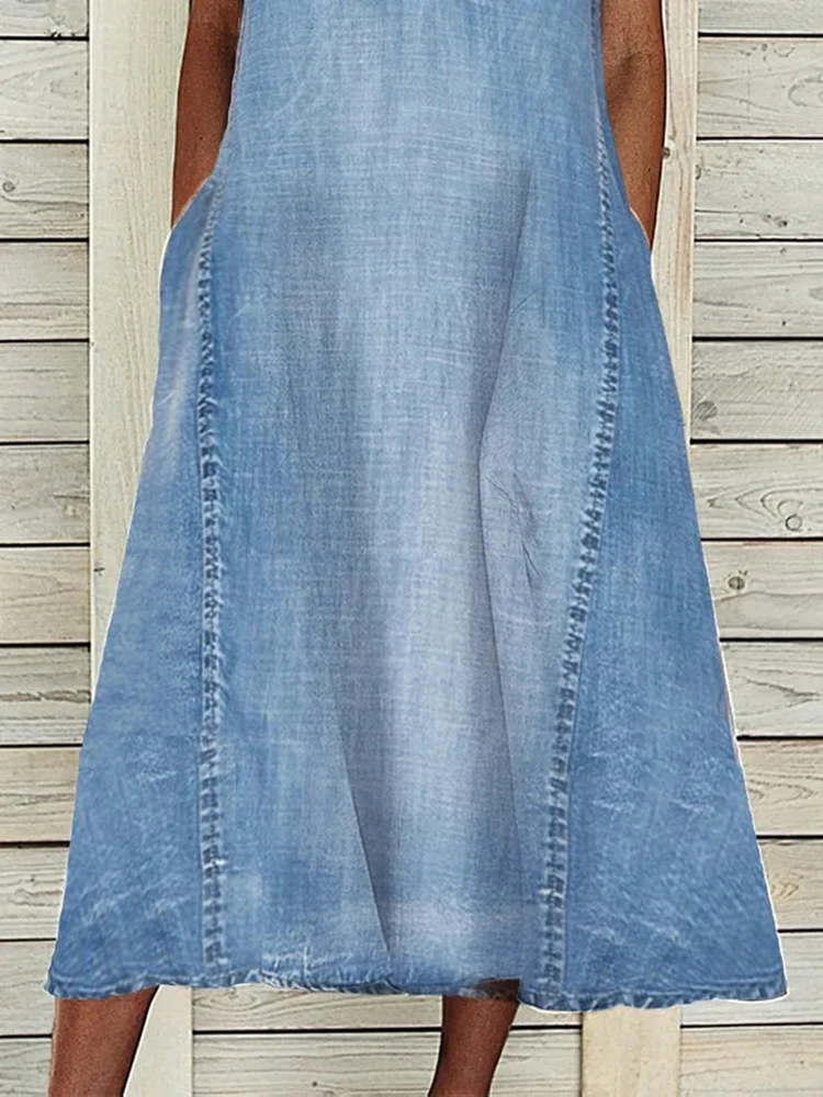 Summer Sleeveless A-line Dress Women Sexy V-neck Blue Denim Loose Midi Dress Pockets Casual Beach Long Dresses 2025 - Image 3