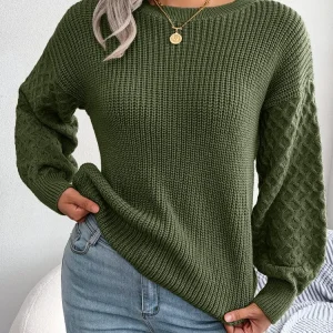 2024 Autumn Winter Casual Lantern Long Sleeved Knitted Sweater Fashion Army Green Round Neck Sweater Elegant Knitted Pullover