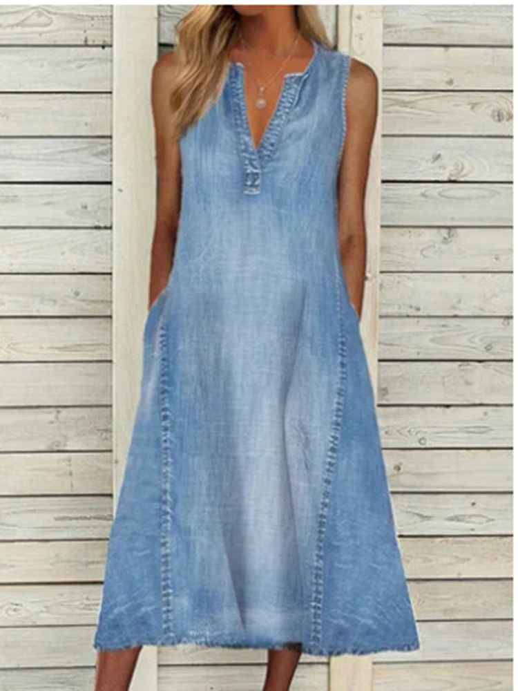 Summer Sleeveless A-line Dress Women Sexy V-neck Blue Denim Loose Midi Dress Pockets Casual Beach Long Dresses 2025 - Image 4