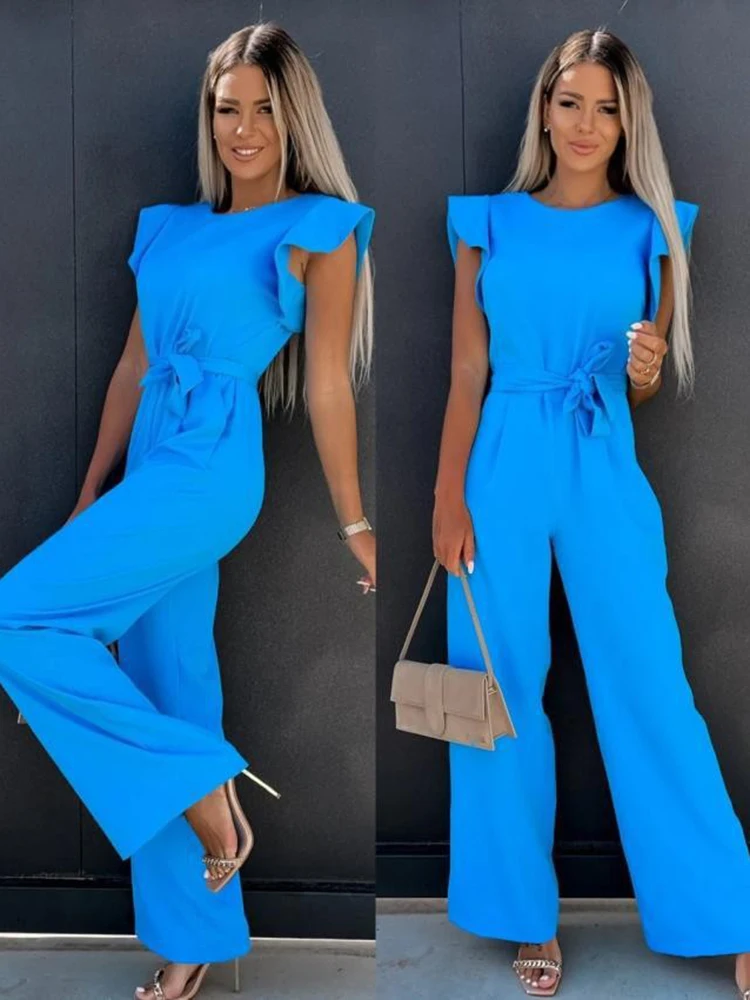 Summer Women's Jumpsuits 2023 Elegant Belt Solid Overalls Woman Jumpsuit Casual O-neck Ruffles Office Lady Wide Leg Playsuits - Image 4