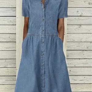 Summer Short Sleeve Shirt Dress Women Button Patchwork Blue Denim Loose Midi Dress Pockets Casual Pocket Long Dresses 2024