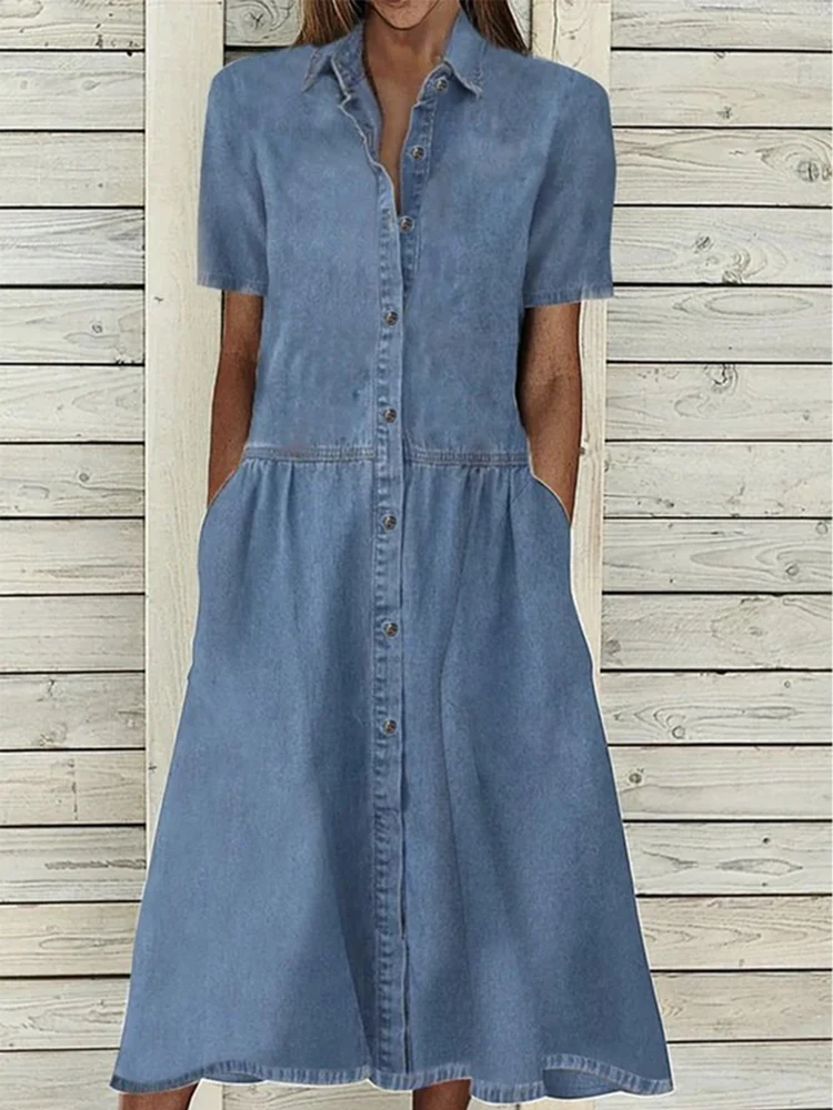 Summer Short Sleeve Shirt Dress Women Button Patchwork Blue Denim Loose Midi Dress Pockets Casual Pocket Long Dresses 2024