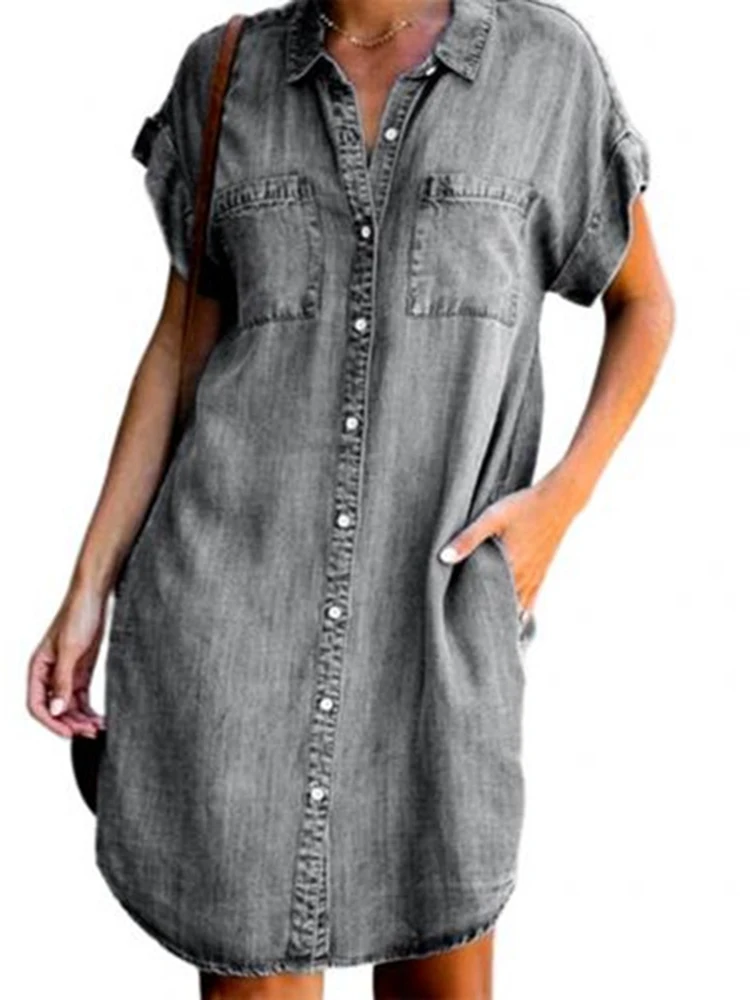 Casual Women's Denim Shirt Dress Short Sleeve Button Pockets Distressed Jean Dress 2023 Spring Summer Loose Dresses Female 5XL - Image 3
