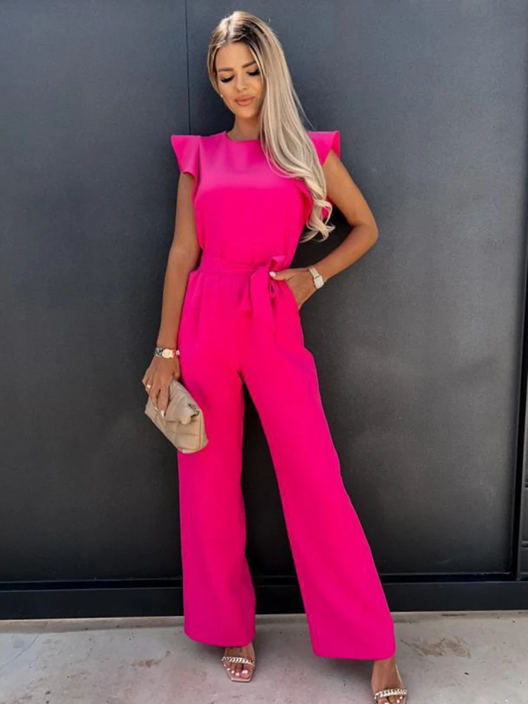 Summer Women's Jumpsuits 2023 Elegant Belt Solid Overalls Woman Jumpsuit Casual O-neck Ruffles Office Lady Wide Leg Playsuits - Image 5